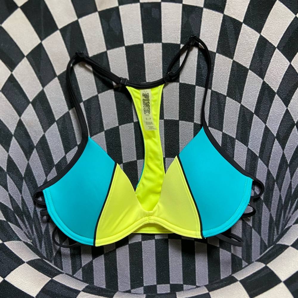 Teal, Neon Yellow, Black, Fancy Strap Pushup Bikini top by PINK